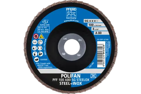 POLIFAN flap disc PFF 100x16 mm flat A80 Performance Line SG STEELOX steel/stainless steel 2
