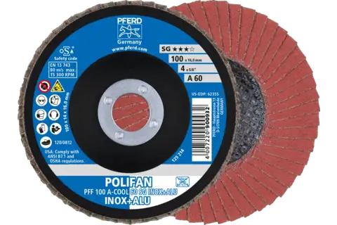 POLIFAN flap disc PFF 100x16 mm flat A-COOL 60 SG INOX+ALU stainless steel/aluminium 1