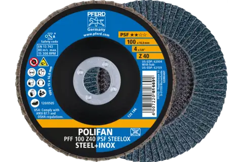 POLIFAN flap taşlama diski PFF 100x16 mm düz Z40 Üniversal Seri PSF STEELOX çelik/paslanmaz çelik 1