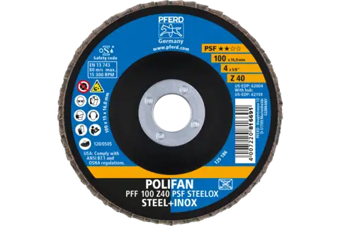 Disco de láminas lijadoras POLIFAN PFF 100x16 mm plano Z40 línea universal PSF STEELOX acero/acero inoxidable 2