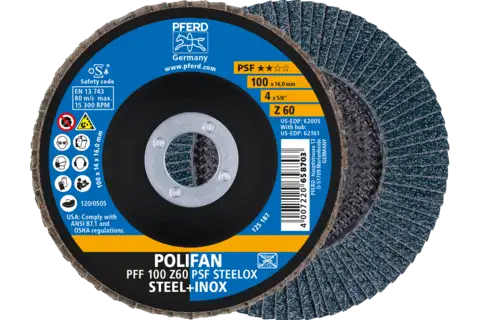 Disque à lamelles POLIFAN PFF 100x16 mm, plat, Z60, gamme universelle PSF STEELOX acier/acier inoxydable 1