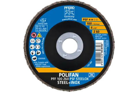 Disque à lamelles POLIFAN PFF 100x16 mm, plat, Z60, gamme universelle PSF STEELOX acier/acier inoxydable 2
