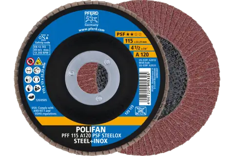 Disco lamellare POLIFAN PFF 115x22,23 mm piatto A120 linea uni. PSF STEELOX acciaio/acciaio inossidabile 1