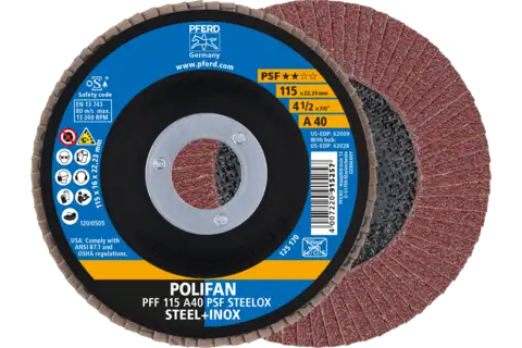 POLIFAN flap taşlama diski PFF 115x22,23 mm düz A40 Üniversal Seri PSF STEELOX çelik/paslanmaz çelik 1