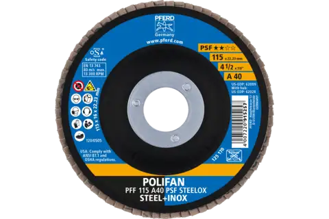 POLIFAN flap taşlama diski PFF 115x22,23 mm düz A40 Üniversal Seri PSF STEELOX çelik/paslanmaz çelik 2