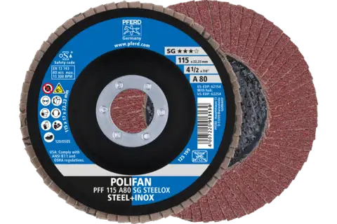 Disco lamellare POLIFAN PFF 115x22,23 mm piatto A80 linea specialistica SG STEELOX acciaio/acciaio inossidabile 1