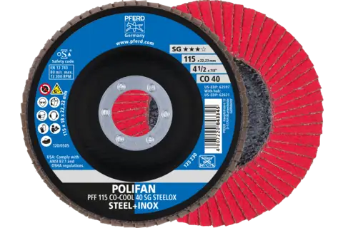Disco de láminas lijadoras POLIFAN PFF 115x22,23 mm plano CO-COOL 40, línea de rendimiento SG STEELOX acero/acero inoxidable 1