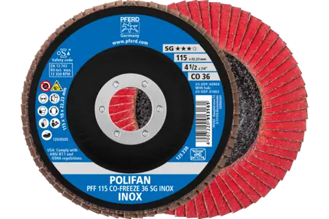 POLIFAN flap disc PFF 115x22.23 mm flat CO-FREEZE 36 Performance Line SG INOX stainless steel 1