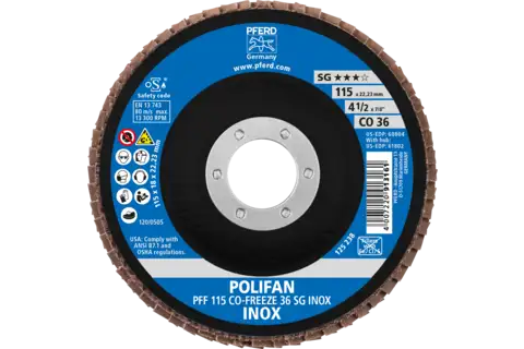 POLIFAN flap disc PFF 115x22.23 mm flat CO-FREEZE 36 Performance Line SG INOX stainless steel 2