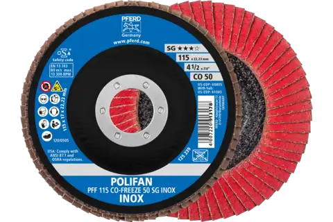 POLIFAN flap disc PFF 115x22.23 mm flat CO-FREEZE 50 Performance Line SG INOX stainless steel 1