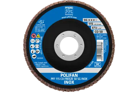 POLIFAN flap disc PFF 115x22.23 mm flat CO-FREEZE 50 Performance Line SG INOX stainless steel 2