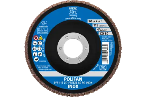POLIFAN flap disc PFF 115x22.23 mm flat CO-FREEZE 80 Performance Line SG INOX stainless steel 2