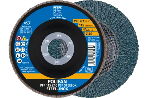 Disco de láminas lijadoras POLIFAN PFF 115x22,23 mm plano Z40 línea universal PSF STEELOX acero/acero inoxidable 1