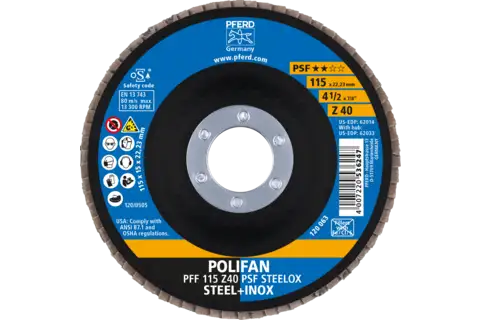 Disco de láminas lijadoras POLIFAN PFF 115x22,23 mm plano Z40 línea universal PSF STEELOX acero/acero inoxidable 2