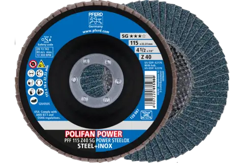 Disco de láminas lijadoras POLIFAN POWER PFF 115x22,23 mm plano Z40, línea de rendimiento SG POWER STEELOX acero/acero inoxidable 1