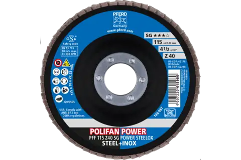 Disque à lamelles POLIFAN POWER PFF, 115x22,23 mm, plate, Z40, gamme performance SG POWER STEELOX acier/acier inoxydable 2