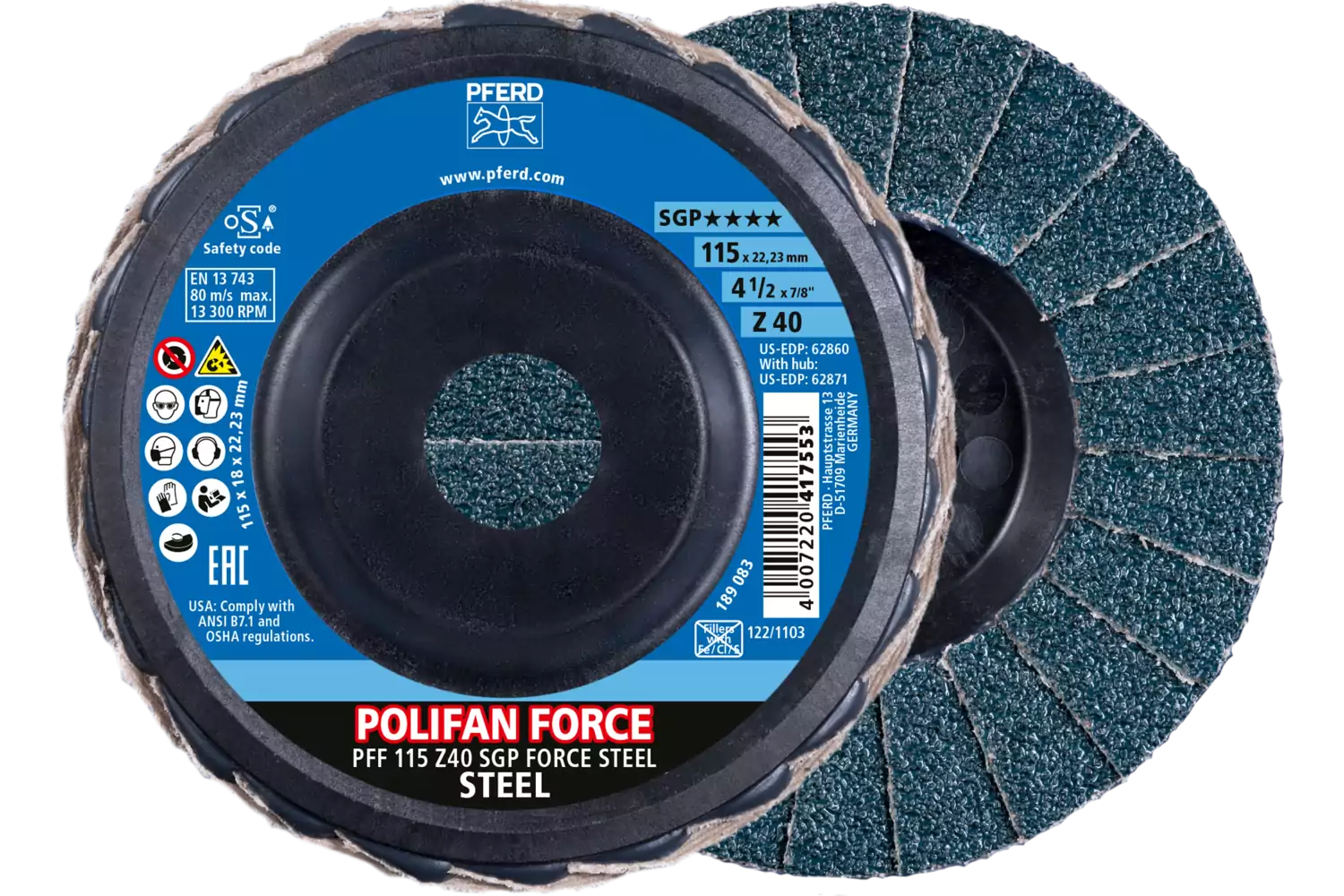 POLIFAN FORCE Fächerscheibe PFF 115x22,23 mm konisch Z40 Speziallinie SGP STEEL für Stahl 1
