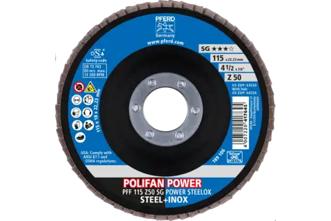 Disco de láminas lijadoras POLIFAN POWER PFF 115x22,23 mm plano Z50, línea rendimiento SG STEELOX para acero/acero inoxidable 2