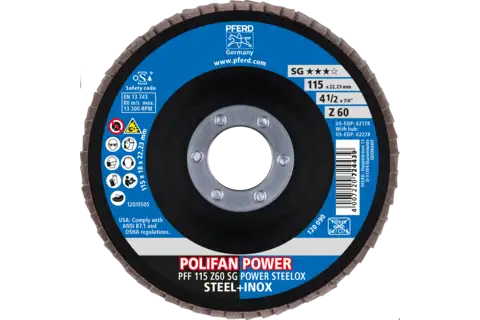 Disco de láminas lijadoras POLIFAN POWER PFF 115x22,23 mm plano Z60, línea de rendimiento SG POWER STEELOX acero/acero inoxidable 2