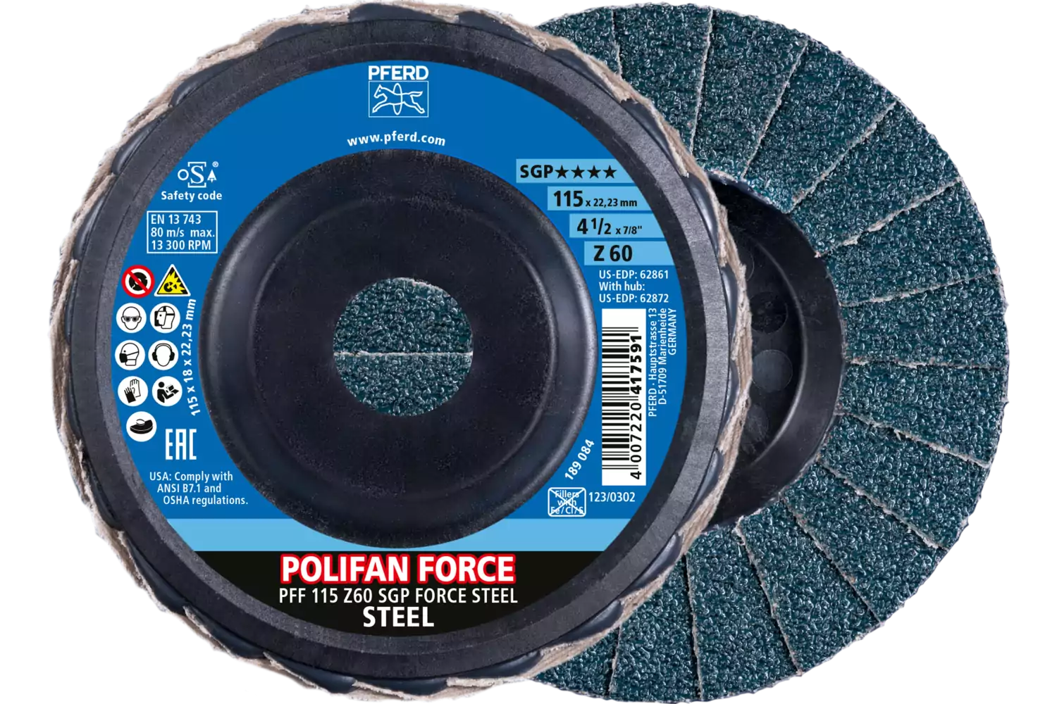 POLIFAN FORCE flap disc PFF 115x22.23 mm conical Z60 Special Line SGP STEEL for steel 1