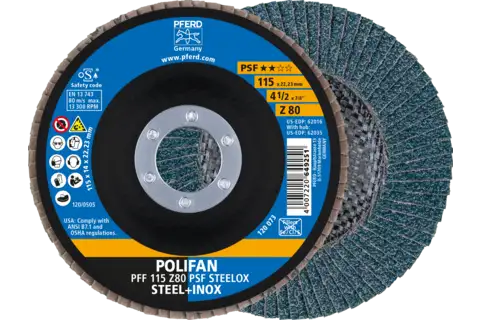 Disco de láminas lijadoras POLIFAN PFF 115x22,23 mm plano Z80 línea universal PSF STEELOX acero/acero inoxidable 1