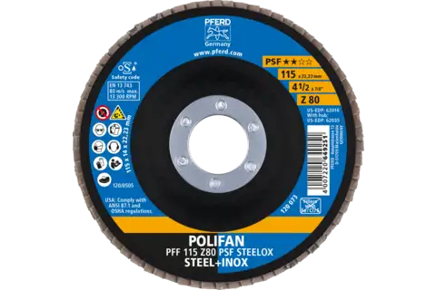 Disco de láminas lijadoras POLIFAN PFF 115x22,23 mm plano Z80 línea universal PSF STEELOX acero/acero inoxidable 2