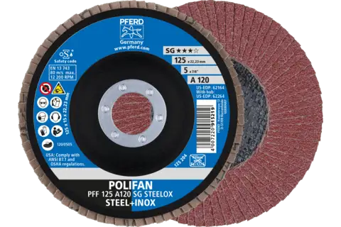 Disco lamellare POLIFAN PFF 125x22,23 mm piatto A120 linea uni. PSF STEELOX acciaio/acciaio inossidabile 1