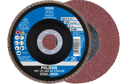 Disco lamellare POLIFAN PFF 125x22,23 mm piatto A60 linea specialistica SG STEELOX acciaio/acciaio inossidabile 1