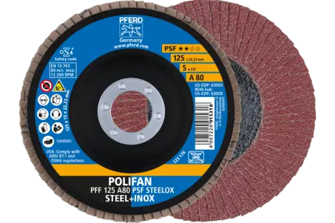 Disque à lamelles POLIFAN PFF 125x22,23 mm, plat, A80, gamme universelle PSF STEELOX acier/acier inoxydable 1