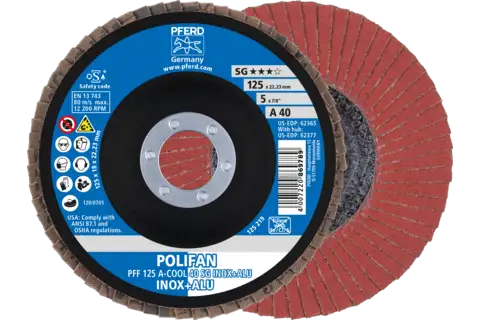 POLIFAN flap disc PFF 125x22.23 mm flat A-COOL 40 SG INOX+ALU stainless steel/aluminium 1