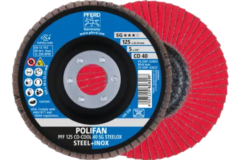 Disque à lamelles POLIFAN PFF 125x22,23 mm, plat, CO-COOL 40 SG STEELOX acier/acier inoxydable 1