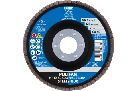 POLIFAN flap taşlama diski PFF 125x22,23 mm düz CO-COOL 40 SG STEELOX çelik/paslanmaz çelik 2