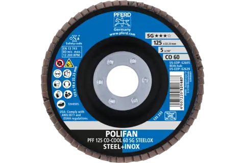 POLIFAN flap taşlama diski PFF 125x22,23 mm düz CO-COOL 60 SG STEELOX çelik/paslanmaz çelik 2
