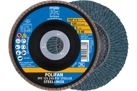 Disco de láminas lijadoras POLIFAN PFF 125x22,23 mm plano Z40 línea universal PSF STEELOX acero/acero inoxidable 1
