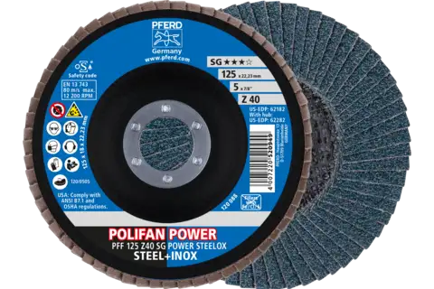 Disque à lamelles POLIFAN POWER PFF, 125x22,23 mm, plate, Z40, gamme performance SG POWER STEELOX acier/acier inoxydable 1