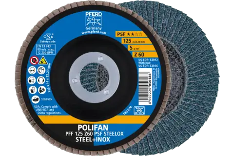 POLIFAN flap taşlama diski PFF 125x22,23 mm düz Z60 Üniversal Seri PSF STEELOX çelik/paslanmaz çelik 1