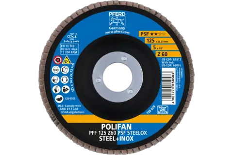 POLIFAN flap taşlama diski PFF 125x22,23 mm düz Z60 Üniversal Seri PSF STEELOX çelik/paslanmaz çelik 2
