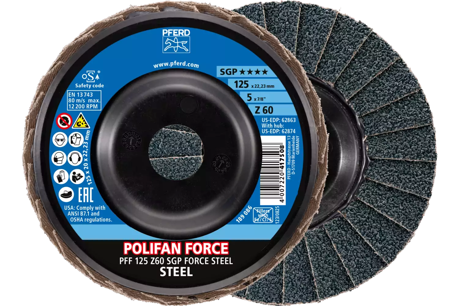 POLIFAN FORCE flap disc PFF 125x22.23 mm conical Z60 Special Line SGP STEEL for steel 1