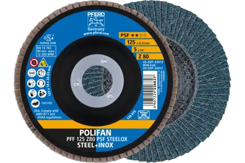 Disque à lamelles POLIFAN PFF 125x22,23 mm, plat, Z80, gamme universelle PSF STEELOX acier/acier inoxydable 1