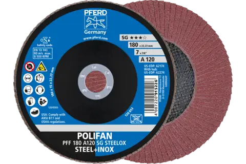 POLIFAN flap disc PFF 180x22.23 mm flat A120 Performance Line SG STEELOX steel/stainless steel 1