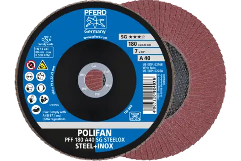 POLIFAN flap disc PFF 180x22.23 mm flat A40 Performance Line SG STEELOX steel/stainless steel 1