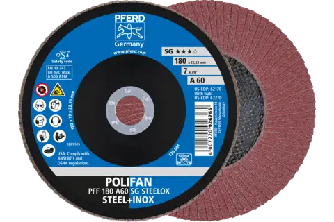 POLIFAN flap disc PFF 180x22.23 mm flat A60 Performance Line SG STEELOX steel/stainless steel 1