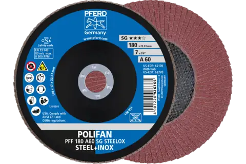 POLIFAN flap disc PFF 180x22.23 mm flat A60 Performance Line SG STEELOX steel/stainless steel 1