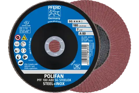 POLIFAN flap disc PFF 180x22.23 mm flat A80 Performance Line SG STEELOX steel/stainless steel 1