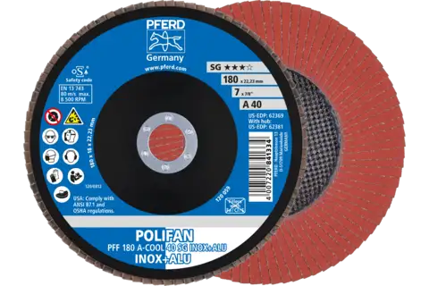 POLIFAN flap disc PFF 180x22.23 mm flat A-COOL 40 SG INOX+ALU stainless steel/aluminium 1