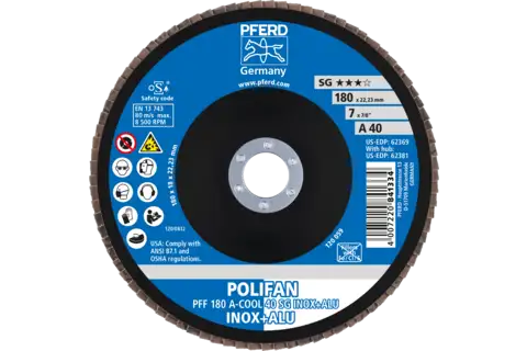 POLIFAN flap disc PFF 180x22.23 mm flat A-COOL 40 SG INOX+ALU stainless steel/aluminium 2