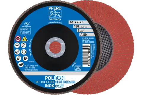 POLIFAN flap disc PFF 180x22.23 mm flat A-COOL 80 SG INOX+ALU stainless steel/aluminium 1