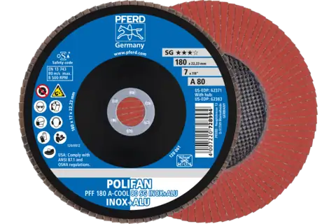 POLIFAN flap disc PFF 180x22.23 mm flat A-COOL 80 SG INOX+ALU stainless steel/aluminium 1