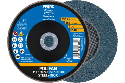 POLIFAN flap taşlama diski PFF 180x22,23 mm düz Z40 Üniversal Seri PSF STEELOX çelik/paslanmaz çelik 1