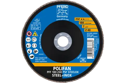 POLIFAN flap taşlama diski PFF 180x22,23 mm düz Z40 Üniversal Seri PSF STEELOX çelik/paslanmaz çelik 2